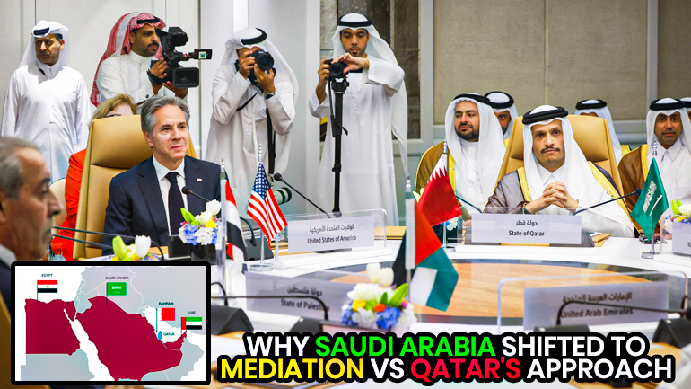 Why did Saudi Arabia abandon its aggressive strategy and adopt the role of an 'international mediator', and how is it different from Qatar as a mediator?